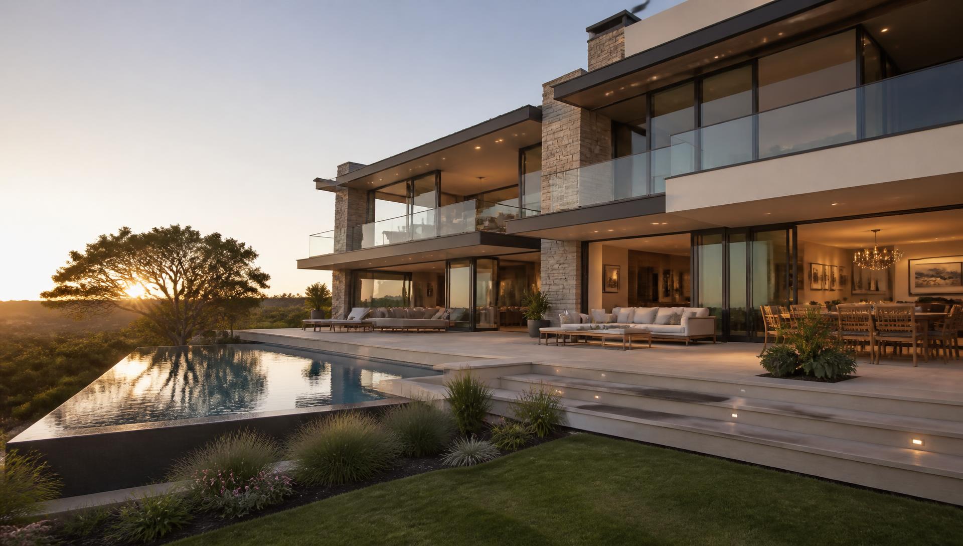 Luxury contemporary home at golden hour with infinity pool and landscaped garden